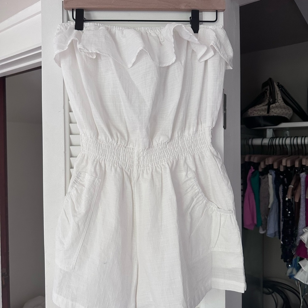 Studio Reverie White Ruffled Off-Shoulder Romper